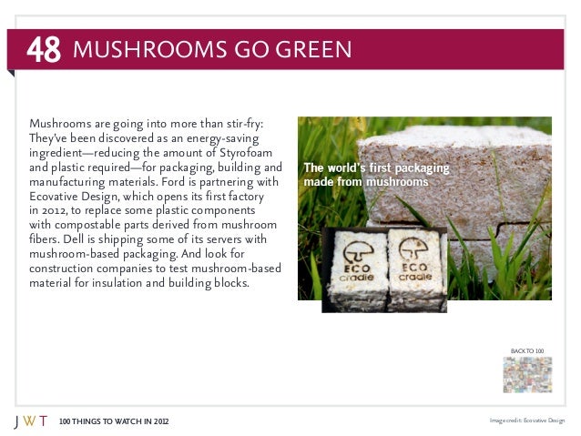 48
100 Things to Watch in 2012
BACK TO 100
Image credit: Ecovative Design
Mushrooms are going into more than stir-fry:
The...