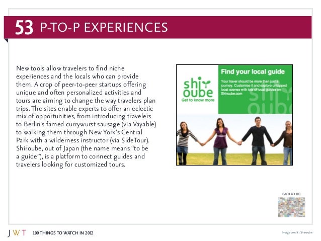 53
100 Things to Watch in 2012
BACK TO 100
Image credit: Shiroube
New tools allow travelers to find niche
experiences and ...