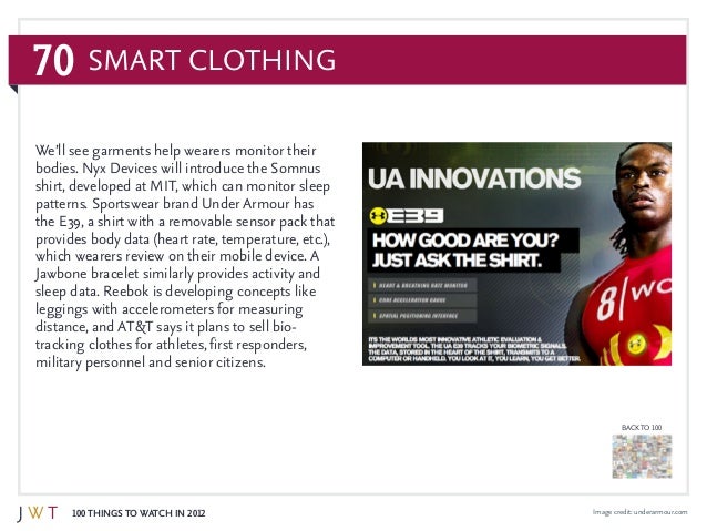 70
100 Things to Watch in 2012
BACK TO 100
Image credit: underarmour.com
We’ll see garments help wearers monitor their
bod...