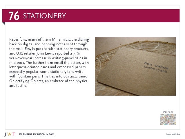 76
100 Things to Watch in 2012
BACK TO 100
Image credit: Etsy
Paper fans, many of them Millennials, are dialing
back on di...