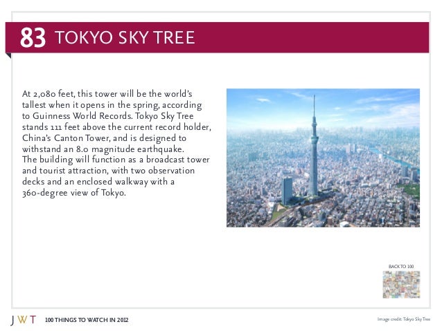 83
100 Things to Watch in 2012
BACK TO 100
Tokyo Sky Tree
Image credit:Tokyo SkyTree
At 2,080 feet, this tower will be the...