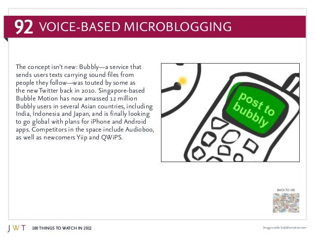 92
100 Things to Watch in 2012
BACK TO 100
Image credit: bubblemotion.com
Voice-Based Microblogging
The concept isn’t new:...