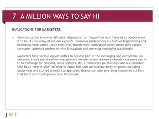 IMPLICATIONS FOR MARKETERS
• Communication is now as efficient, disposable, to-the-point or multilayered as people want
it to be. As the array of options expands, consumer preferences are further fragmenting and
becoming more varied. More than ever, brands must understand which mode their target
consumer currently prefers on which occasions and serve up messaging accordingly.
• Marketers have various opportunities to become part of the messaging-app ecosystem. For
instance, Line’s social networking element includes brand-themed channels that users opt in
to in exchange for coupons, news updates, etc. E-commerce partnerships are also possible:
Line has a “secret sale” offering in Japan that sells an eclectic array of goods (including
underwear and stuffed animals) to app users. Brands can also give away sponsored stickers
that tie in with their products or IP content.
7 A MILLION WAYS TO SAY HI
 