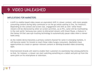 9 VIDEO UNLEASHED
IMPLICATIONS FOR MARKETERS

•   A shift to mobile-based video means an equivalent shift in viewer contex...