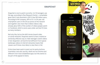 Snapchat is one to watch currently. 4 in 10 teenagers use
the app, according to Pew Research Center—remarkable
given that ...