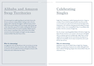79
Why it’s interesting:
Globalization means that from Black Friday to Singles’ Day, “shopping
holidays” are quickly being introduced to new markets. Although the U.K.
doesn’t celebrate Thanksgiving, shoppers there embraced Black Friday with
enthusiasm in 2014.
Singles’ Day is shaping up as a global shopping phenomenon. It began as
a novelty in China to mark the supposed loneliest day of the year (Nov.
11, as 11/11 stacks up to a pile of ones) and has become the largest online
shopping day in the world after being appropriated by Alibaba, the largest
e-retailer in China—even trumping Black Friday. In 2014 Alibaba made
$1 billion in the ﬁrst 17 minutes of Singles’ Day.
Now the concept is expanding globally. Alibaba’s CEO believes Singles’ Day
deals will reach consumers in 220 countries in the next year, and if global
shifts are anything to go by, he’s probably right. Single living is certainly
a global trend. According to the U.S. Census Bureau, the proportion of
single-person households in the U.S. alone increased from 17% to 27.5%
between 1970 and 2012.
Celebrating
Singles
Why it’s interesting:
Two juggernauts, each with deep take-up in their own territory, are moving
into the other’s grounds. The issue, of course, will be whether Alibaba can
win American trust and whether the Chinese will migrate to Amazon’s offer.
Will they also need to differentiate their offers?
Two Internet giants are rapidly expanding into each other’s home turfs.
Chinese e-commerce company Alibaba is staking its claim in the U.S.,
staging an IPO in September (the biggest in Wall Street history at $21.8
billion) and has started selling to Americans through mobile boutique app
11 Main. Meanwhile, a group of U.S. retailers including Saks Fifth Avenue,
Macy’s and Neiman Marcus has started using Alipay, Alibaba’s payment
service. Amazon is expanding in China, where Amazon China enables
consumers to buy American goods, and staged a two-day campaign to
introduce the Black Friday sales frenzy to China.
Alibaba and Amazon
Swap Territories
 