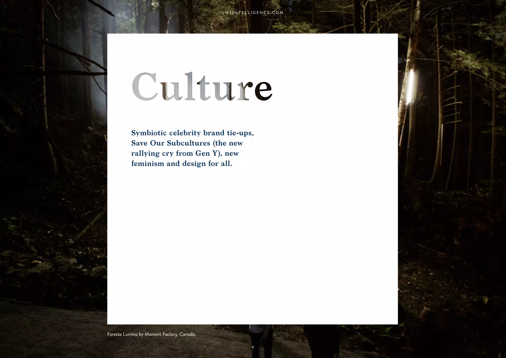 4
Symbiotic celebrity brand tie-ups,
Save Our Subcultures (the new
rallying cry from Gen Y), new
feminism and design for all.
4
Foresta Lumina by Moment Factory, Canada.
 