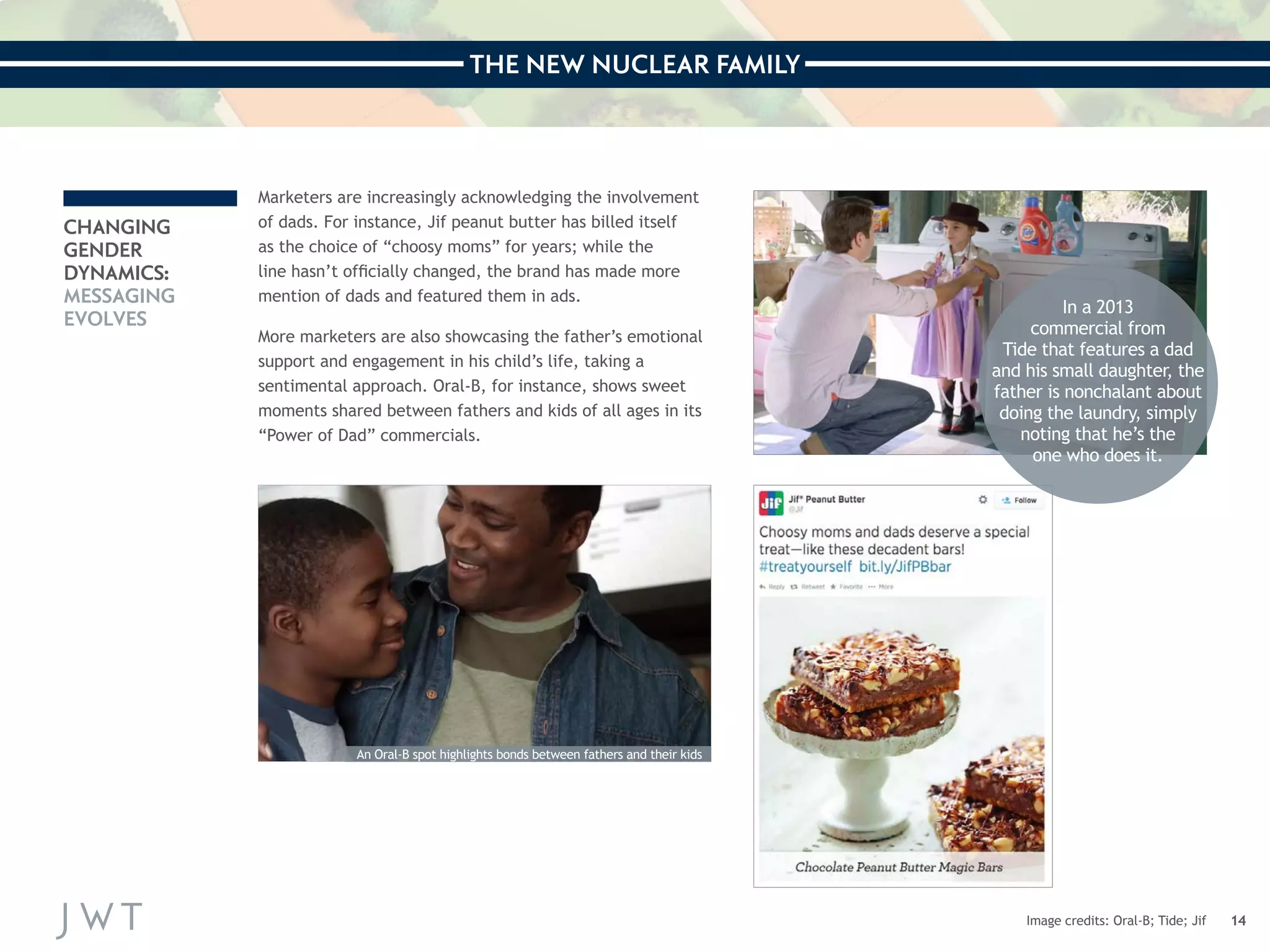 THE NEW NUCLEAR FAMILY 
14 
CHANGING 
GENDER 
DYNAMICS: 
MESSAGING 
EVOLVES 
Marketers are increasingly acknowledging the involvement 
of dads. For instance, Jif peanut butter has billed itself 
as the choice of “choosy moms” for years; while the 
line hasn’t officially changed, the brand has made more 
mention of dads and featured them in ads. 
More marketers are also showcasing the father’s emotional 
support and engagement in his child’s life, taking a 
sentimental approach. Oral-B, for instance, shows sweet 
moments shared between fathers and kids of all ages in its 
“Power of Dad” commercials. 
Image credits: Oral-B; Tide; Jif 
In a 2013 
commercial from 
Tide that features a dad 
and his small daughter, the 
father is nonchalant about 
doing the laundry, simply 
noting that he’s the 
one who does it. 
An Oral-B spot highlights bonds between fathers and their kids 
 