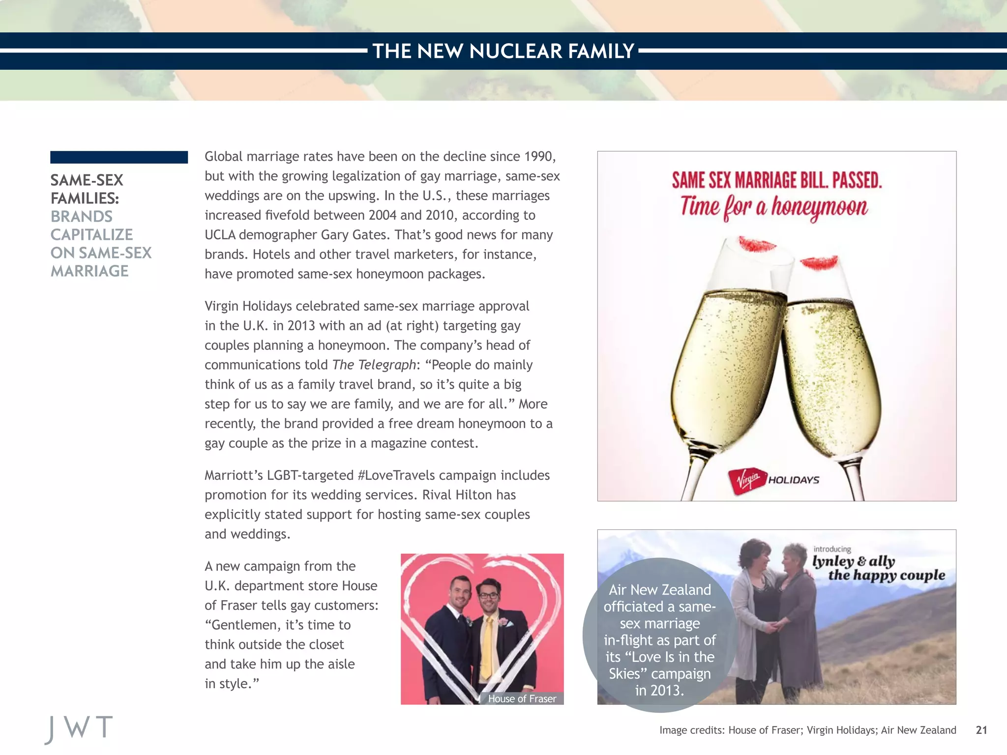 THE NEW NUCLEAR FAMILY 
21 
SAME-SEX 
FAMILIES: 
BRANDS 
CAPITALIZE 
ON SAME-SEX 
MARRIAGE 
Global marriage rates have been on the decline since 1990, 
but with the growing legalization of gay marriage, same-sex 
weddings are on the upswing. In the U.S., these marriages 
increased fivefold between 2004 and 2010, according to 
UCLA demographer Gary Gates. That’s good news for many 
brands. Hotels and other travel marketers, for instance, 
have promoted same-sex honeymoon packages. 
Virgin Holidays celebrated same-sex marriage approval 
in the U.K. in 2013 with an ad (at right) targeting gay 
couples planning a honeymoon. The company’s head of 
communications told The Telegraph: “People do mainly 
think of us as a family travel brand, so it’s quite a big 
step for us to say we are family, and we are for all.” More 
recently, the brand provided a free dream honeymoon to a 
gay couple as the prize in a magazine contest. 
Marriott’s LGBT-targeted #LoveTravels campaign includes 
promotion for its wedding services. Rival Hilton has 
explicitly stated support for hosting same-sex couples 
and weddings. 
A new campaign from the 
U.K. department store House 
of Fraser tells gay customers: 
“Gentlemen, it’s time to 
think outside the closet 
and take him up the aisle 
in style.” 
Image credits: House of Fraser; Virgin Holidays; Air New Zealand 
Air New Zealand 
officiated a same-sex 
marriage 
in-flight as part of 
its “Love Is in the 
Skies” campaign 
in 2013. House of Fraser 
 