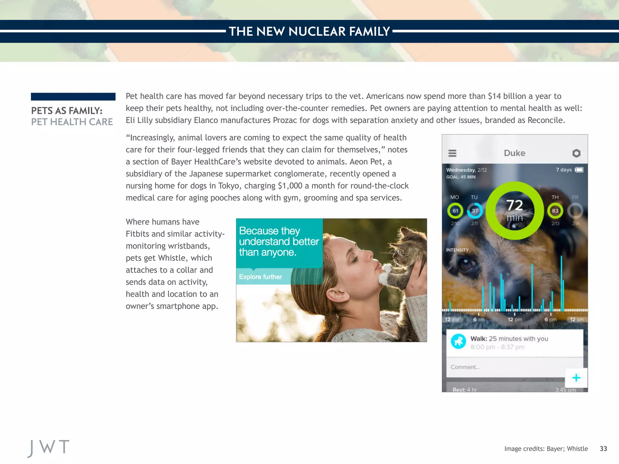 THE NEW NUCLEAR FAMILY 
33 
PETS AS FAMILY: 
PET HEALTH CARE 
Pet health care has moved far beyond necessary trips to the vet. Americans now spend more than $14 billion a year to 
keep their pets healthy, not including over-the-counter remedies. Pet owners are paying attention to mental health as well: 
Eli Lilly subsidiary Elanco manufactures Prozac for dogs with separation anxiety and other issues, branded as Reconcile. 
“Increasingly, animal lovers are coming to expect the same quality of health 
care for their four-legged friends that they can claim for themselves,” notes 
a section of Bayer HealthCare’s website devoted to animals. Aeon Pet, a 
subsidiary of the Japanese supermarket conglomerate, recently opened a 
nursing home for dogs in Tokyo, charging $1,000 a month for round-the-clock 
medical care for aging pooches along with gym, grooming and spa services. 
Where humans have 
Fitbits and similar activity-monitoring 
wristbands, 
pets get Whistle, which 
attaches to a collar and 
sends data on activity, 
health and location to an 
owner’s smartphone app. 
Image credits: Bayer; Whistle 
 