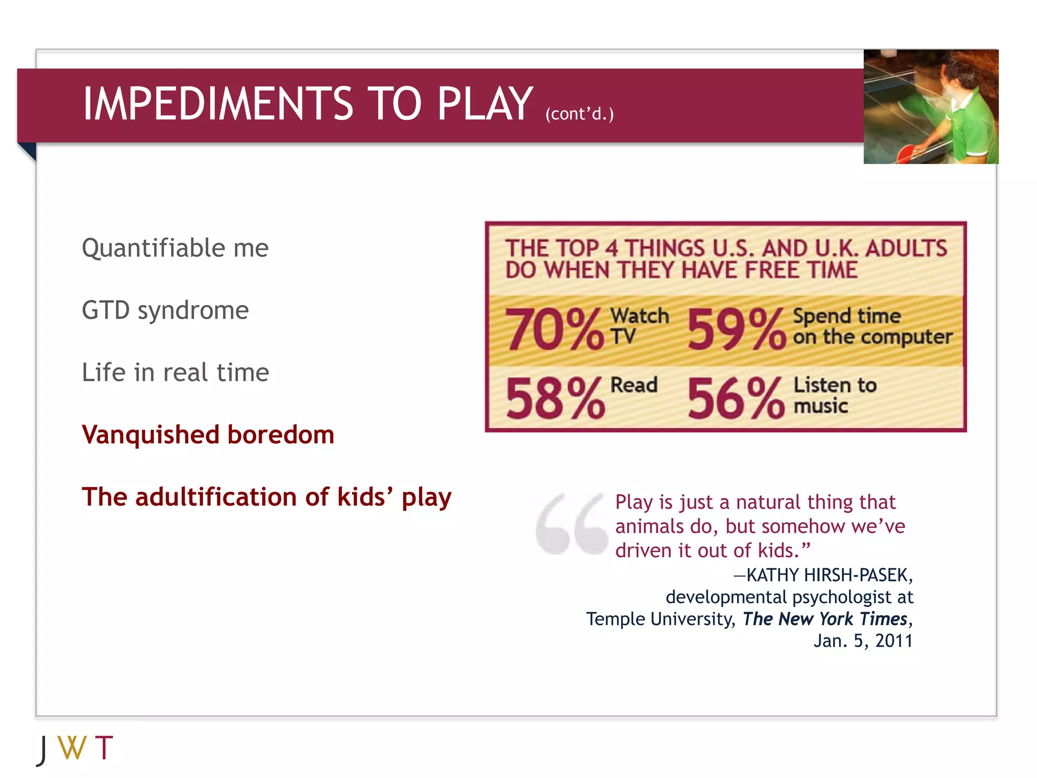 IMPEDIMENTS TO PLAY                (cont’d.)




Quantifiable me

GTD syndrome

Life in real time

Vanquished boredom

The adultification of kids’ play               Play is just a natural thing that
                                               animals do, but somehow we’ve
                                               driven it out of kids.”
                                                         —KATHY HIRSH-PASEK,
                                                developmental psychologist at
                                        Temple University, The New York Times,
                                                                  Jan. 5, 2011
 