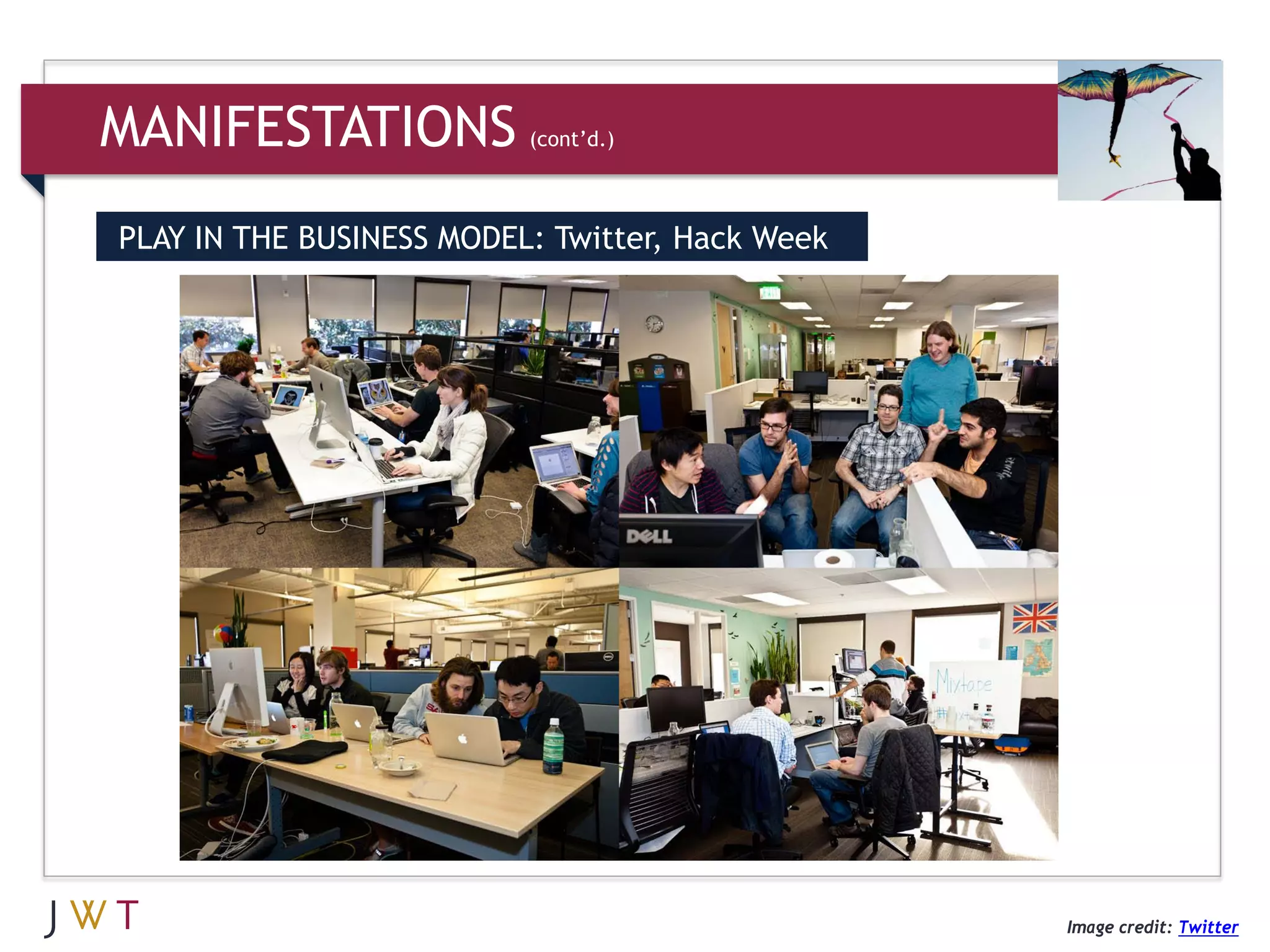 MANIFESTATIONS            (cont’d.)



PLAY IN THE BUSINESS MODEL: Twitter, Hack Week




                                                 Image credit: Twitter
 