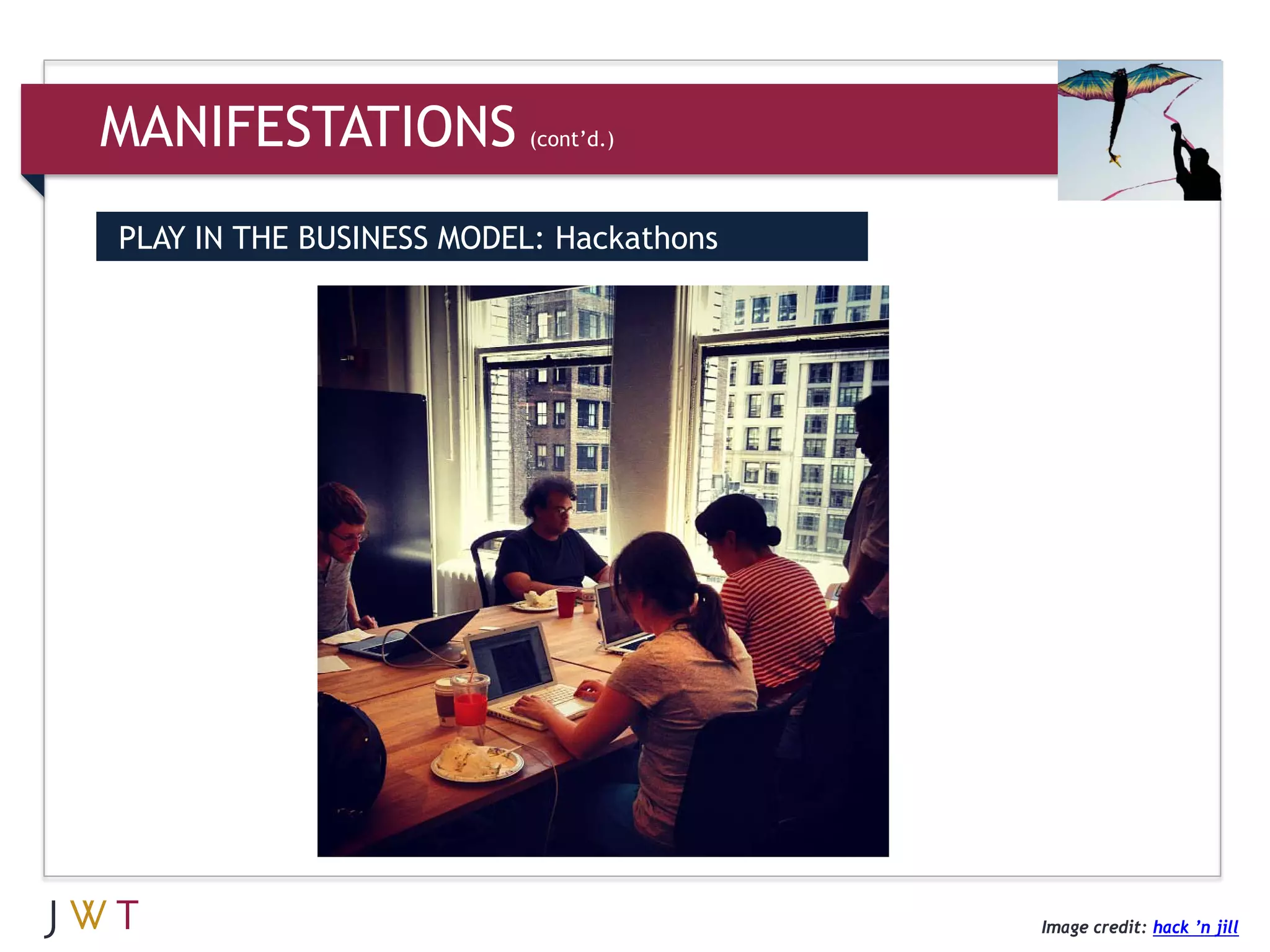 MANIFESTATIONS            (cont’d.)



PLAY IN THE BUSINESS MODEL: Hackathons




                                         Image credit: hack ’n jill
 