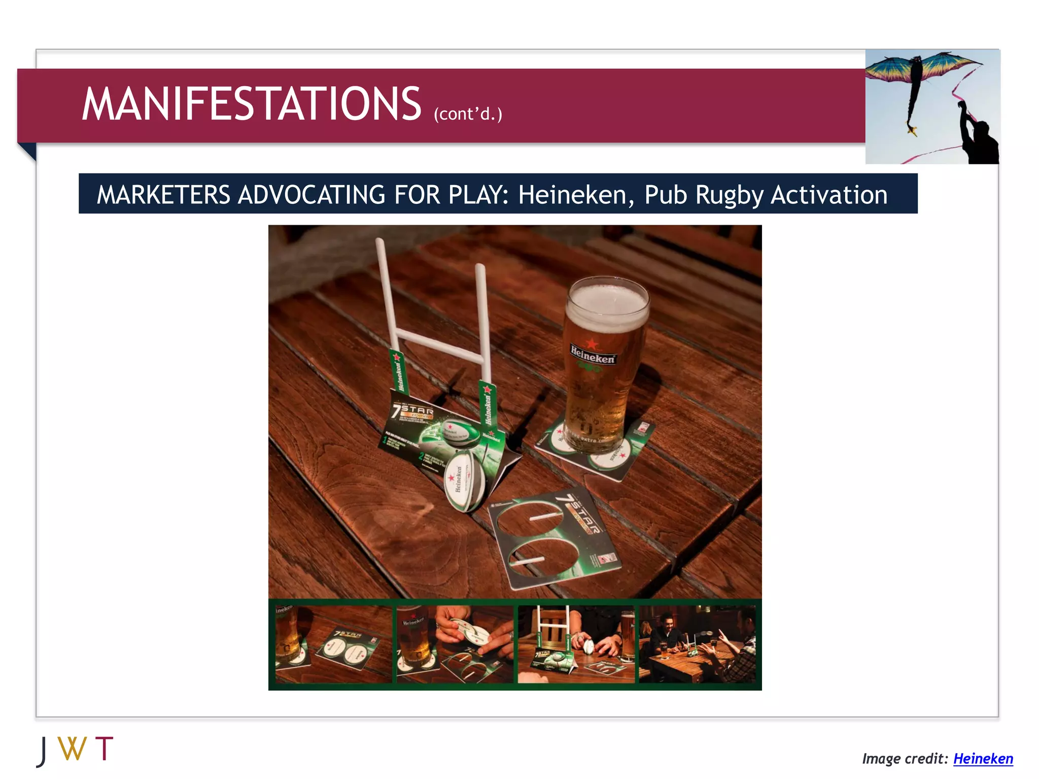 MANIFESTATIONS           (cont’d.)



MARKETERS ADVOCATING FOR PLAY: Heineken, Pub Rugby Activation




                                                          Image credit: Heineken
 