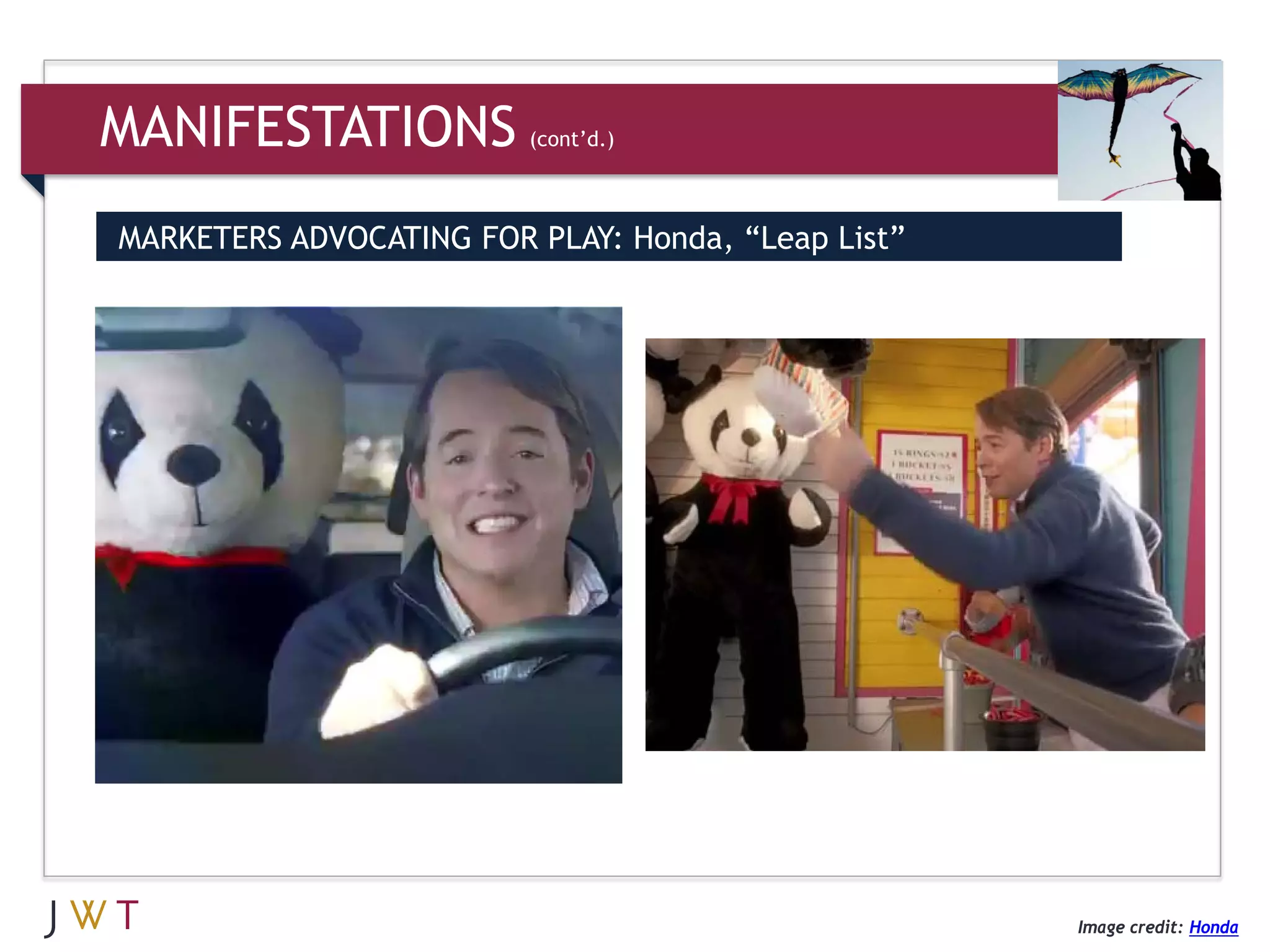 MANIFESTATIONS           (cont’d.)



MARKETERS ADVOCATING FOR PLAY: Honda, “Leap List”




                                                    Image credit: Honda
 