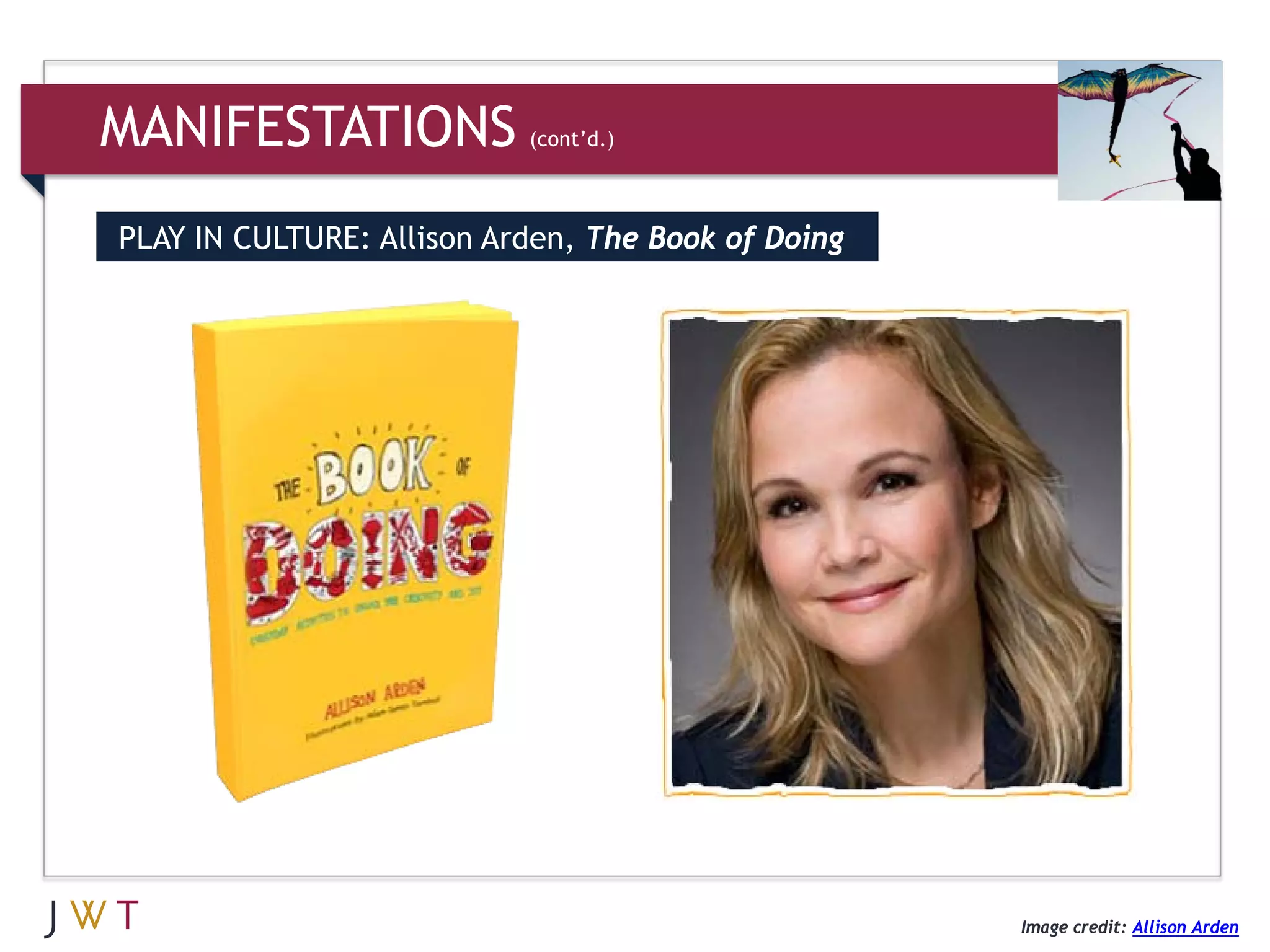 MANIFESTATIONS             (cont’d.)



PLAY IN CULTURE: Allison Arden, The Book of Doing




                                                    Image credit: Allison Arden
 