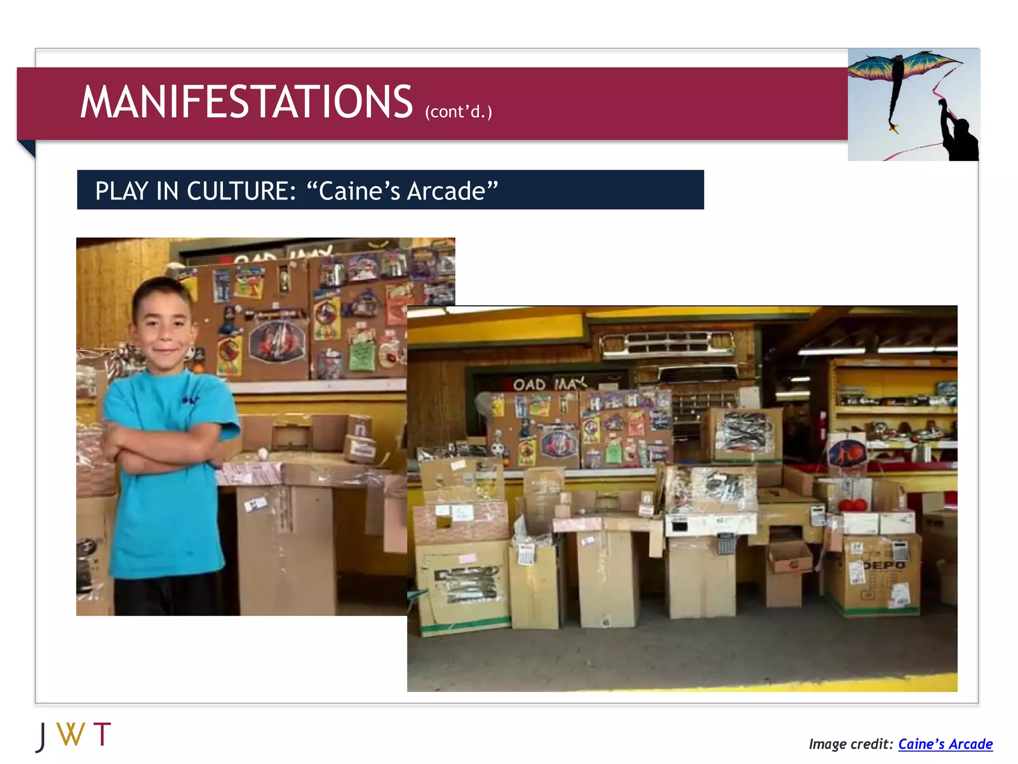 MANIFESTATIONS            (cont’d.)



PLAY IN CULTURE: “Caine’s Arcade”




                                      Image credit: Caine’s Arcade
 