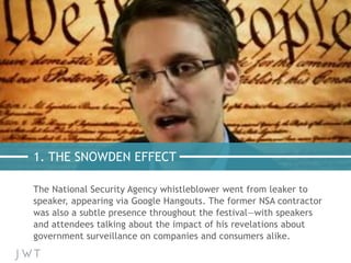 The National Security Agency whistleblower went from leaker to
speaker, appearing via Google Hangouts. The former NSA contractor
was also a subtle presence throughout the festival—with speakers
and attendees talking about the impact of his revelations about
government surveillance on companies and consumers alike.
1. THE SNOWDEN EFFECT
 