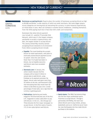 31 
NEW FORMS OF CURRENCY 
CRYPTO-CURRENCIES 
(cont’d.) 
Businesses accepting bitcoin: Experts place the number of businesses accepting bitcoin as hi gh 
as 80,000 worldwide, a wide majority of which are small merchan ts. But some bigger players 
across categories are earning buzz by welcoming the currency, in some instances experiencing 
an initial boost in sales. Most use Coinbase or another bitcoin middleman, shielding themselves 
from risk while paying much less in fees than with credit card transactions. 
Businesses that allow bitcoin payment 
now include U.S. satellite TV provider Dish 
Network, which says it’s the largest company 
worldwide to accept a cryptocurrency, and 
Dell, the largest retailer to accept bitcoin. 
The charity United Way recently started 
accepting bitcoin donations to its Innovation 
Fund. Others accepting bitcoin include: 
• Expedia: The travel-booking site accepts 
bitcoin for hotel reservations, with plans to 
eventually extend bitcoin payments across 
its system. Since the June launch, 
fewer than 1% of sales have been in 
bitcoin, but an Expedia executive 
said bitcoin sales have exceeded 
estimates. 
• Overstock.com: In January, this 
online retailer became the first 
company with at least $1 billion in 
annual sales to add bitcoin, using 
Coinbase as its payment processor. By 
August, bitcoin users had spent more than 
$2 million on the site, and Overstock’s CEO 
was forecasting that tally would reach $6 
million to $8 million by year-end—a small 
percentage of total sales, but a sign that the 
currency is gaining ground. 
• Publications: Marketing and media 
magazine The Drum became one of the first 
U.K. magazines to allow subscribers to pay 
with bitcoin. In the U.S., the Chicago Sun- 
Times became the first major newspaper to 
accept bitcoin. In the first week of launch, 
11% of new subscriptions used bitcoin. 
This crowdfunded 
documentary follows a 
newly married couple 
trying to get by on 
bitcoin alone. 
• Sports teams: The NBA’s Sacramento Kings 
was the first major professional sports 
franchise to accept bitcoin. Through a 
partnership with BitPay, the team now 
allows bitcoin users to buy tickets, jerseys, 
basketballs and so on. California soccer team 
San Jose Earthquakes lets fans make bitcoin 
purchases in the stadium. 
Image credits: Life on Bitcoin; Sacramento Kings 
 