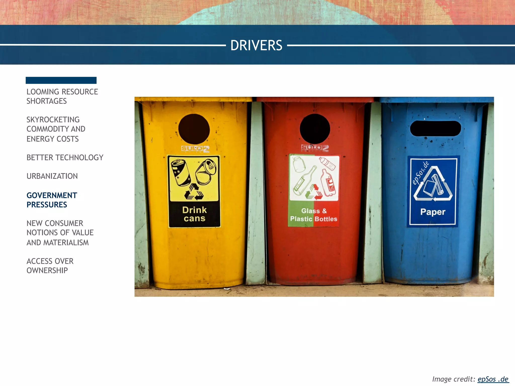 LOOMING RESOURCE
SHORTAGES
SKYROCKETING
COMMODITY AND
ENERGY COSTS
BETTER TECHNOLOGY
URBANIZATION
GOVERNMENT
PRESSURES
NEW CONSUMER
NOTIONS OF VALUE
AND MATERIALISM
ACCESS OVER
OWNERSHIP
DRIVERS
Image credit: epSos .de
 