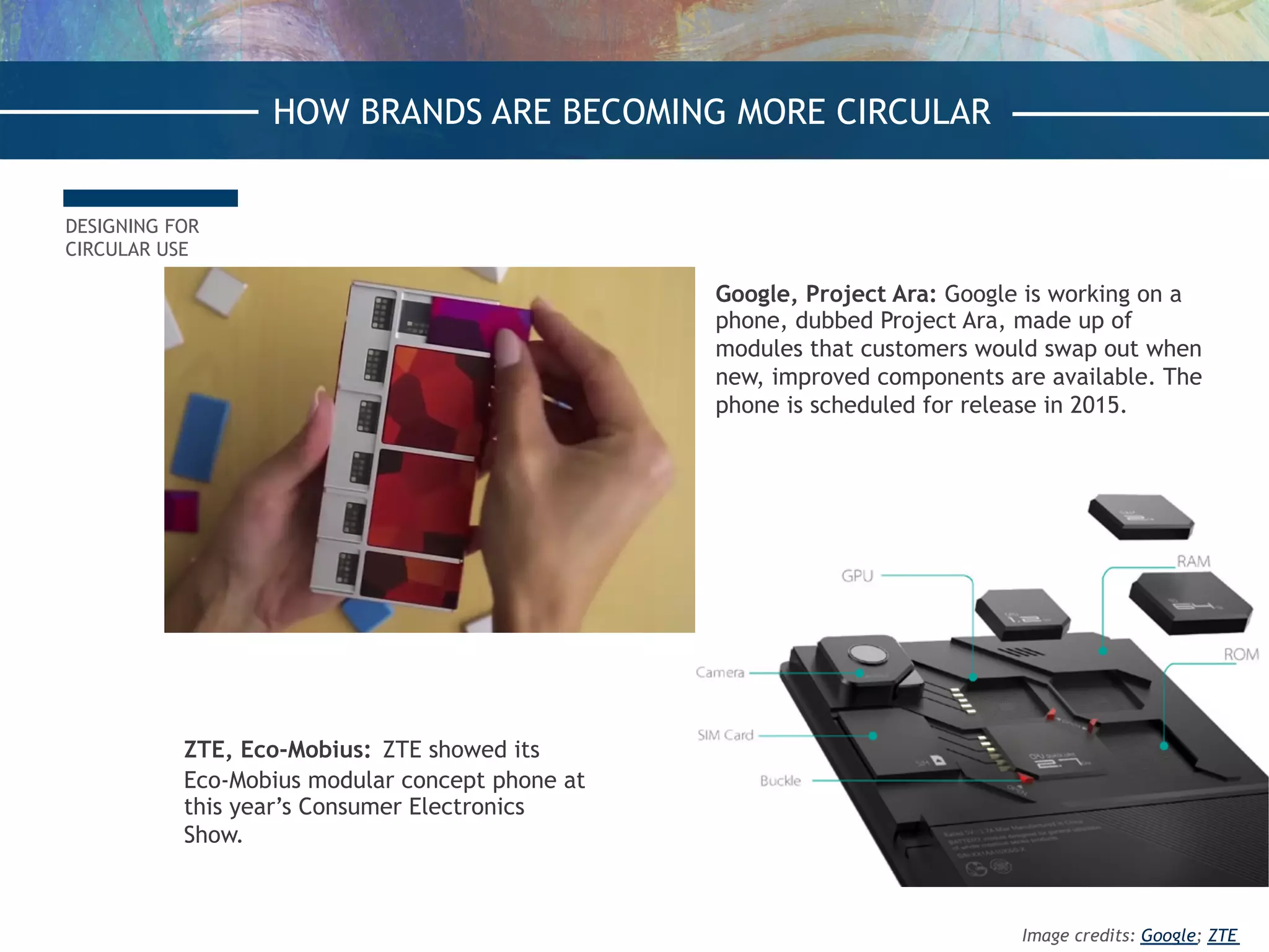 DESIGNING FOR
CIRCULAR USE
ZTE, Eco-Mobius: ZTE showed its
Eco-Mobius modular concept phone at
this year’s Consumer Electronics
Show.
Google, Project Ara: Google is working on a
phone, dubbed Project Ara, made up of
modules that customers would swap out when
new, improved components are available. The
phone is scheduled for release in 2015.
HOW BRANDS ARE BECOMING MORE CIRCULAR
Image credits: Google; ZTE
 