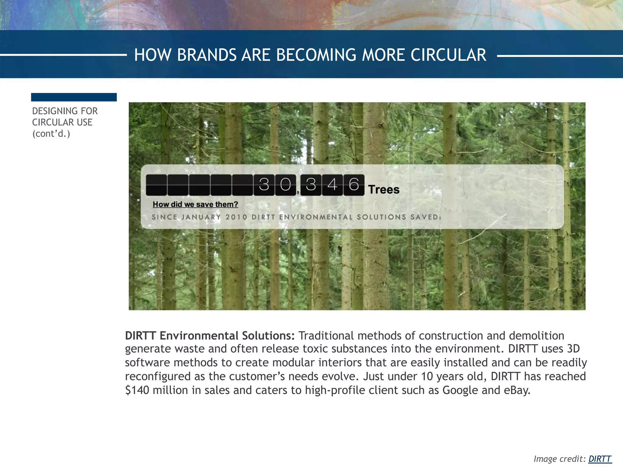DESIGNING FOR
CIRCULAR USE
(cont’d.)
DIRTT Environmental Solutions: Traditional methods of construction and demolition
generate waste and often release toxic substances into the environment. DIRTT uses 3D
software methods to create modular interiors that are easily installed and can be readily
reconfigured as the customer’s needs evolve. Just under 10 years old, DIRTT has reached
$140 million in sales and caters to high-profile client such as Google and eBay.
HOW BRANDS ARE BECOMING MORE CIRCULAR
Image credit: DIRTT
 