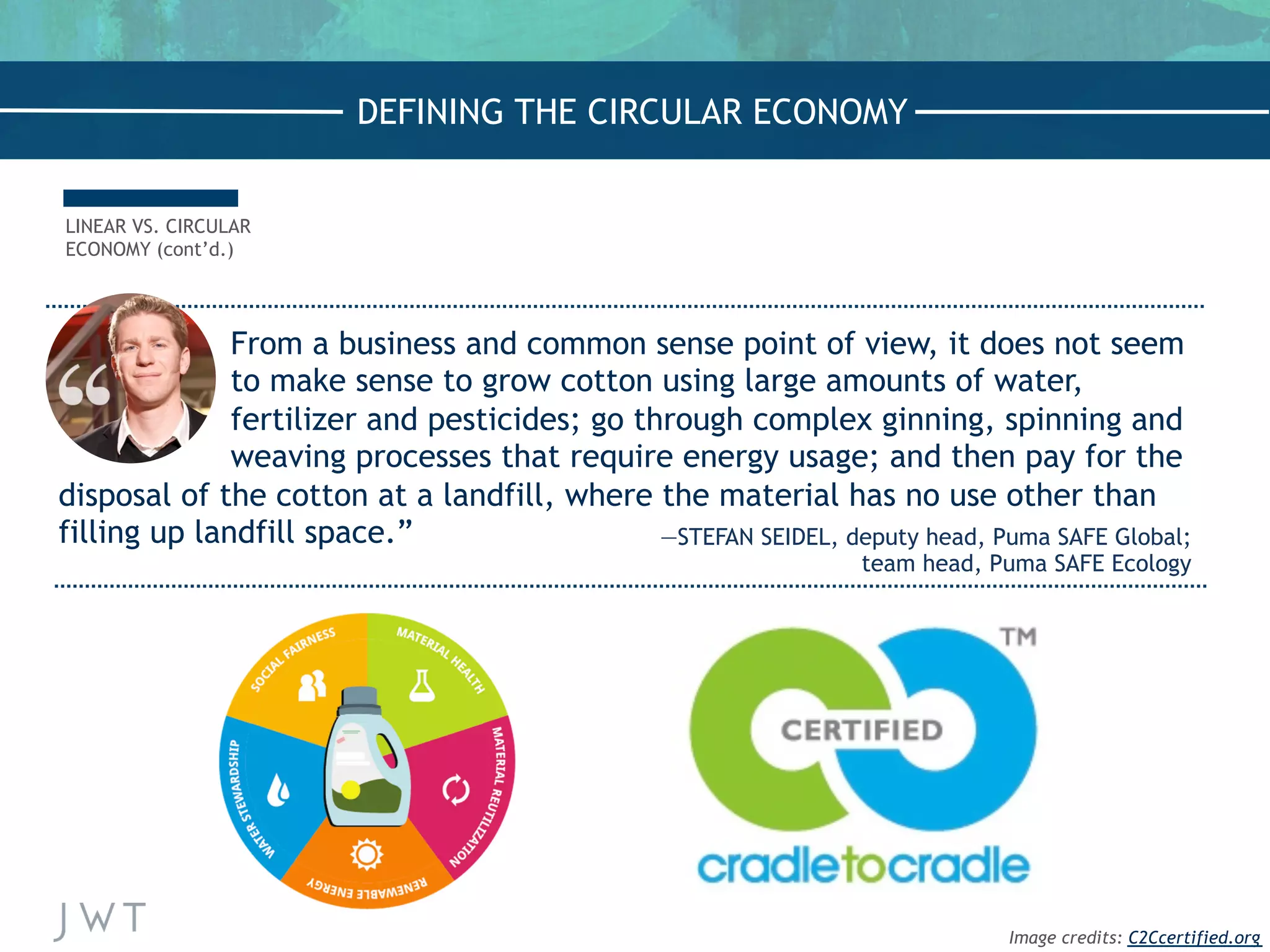 From a business and common sense point of view, it does not seem
to make sense to grow cotton using large amounts of water,
fertilizer and pesticides; go through complex ginning, spinning and
weaving processes that require energy usage; and then pay for the
disposal of the cotton at a landfill, where the material has no use other than
filling up landfill space.” —STEFAN SEIDEL, deputy head, Puma SAFE Global;
team head, Puma SAFE Ecology
LINEAR VS. CIRCULAR
ECONOMY (cont’d.)
DEFINING THE CIRCULAR ECONOMY
Image credits: C2Ccertified.org
 