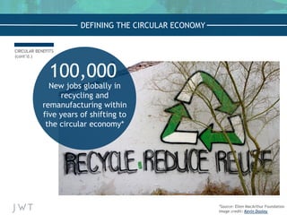 CIRCULAR BENEFITS
(cont’d.)
100,000
New jobs globally in
recycling and
remanufacturing within
five years of shifting to
th...