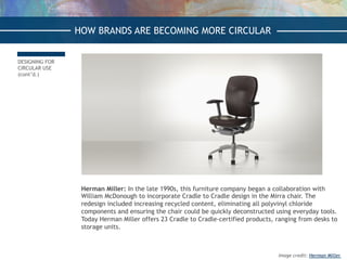 DESIGNING FOR
CIRCULAR USE
(cont’d.)
Herman Miller: In the late 1990s, this furniture company began a collaboration with
W...