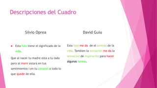 Descripciones del Cuadro
Silvio Oprea
 Esta foto tiene el significado de la
vida.
Que al nacer tu madre esta a tu lado
pero al morir estará en tus
sentimientos i en tu corazón o todo lo
que quede de ella.
David Guiu
Esta foto me da de el sentido de la
vida. Tambien la sensación me da la
sensacion de inspiración para hacer
algunas tareas.
 