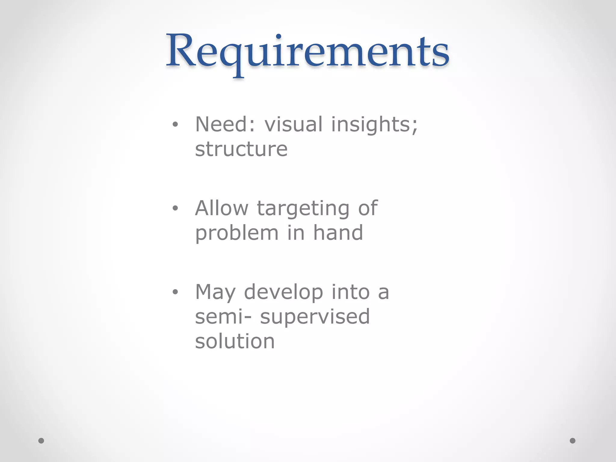 Requirements
• Need: visual insights;
structure
• Allow targeting of
problem in hand
• May develop into a
semi- supervised
solution
 