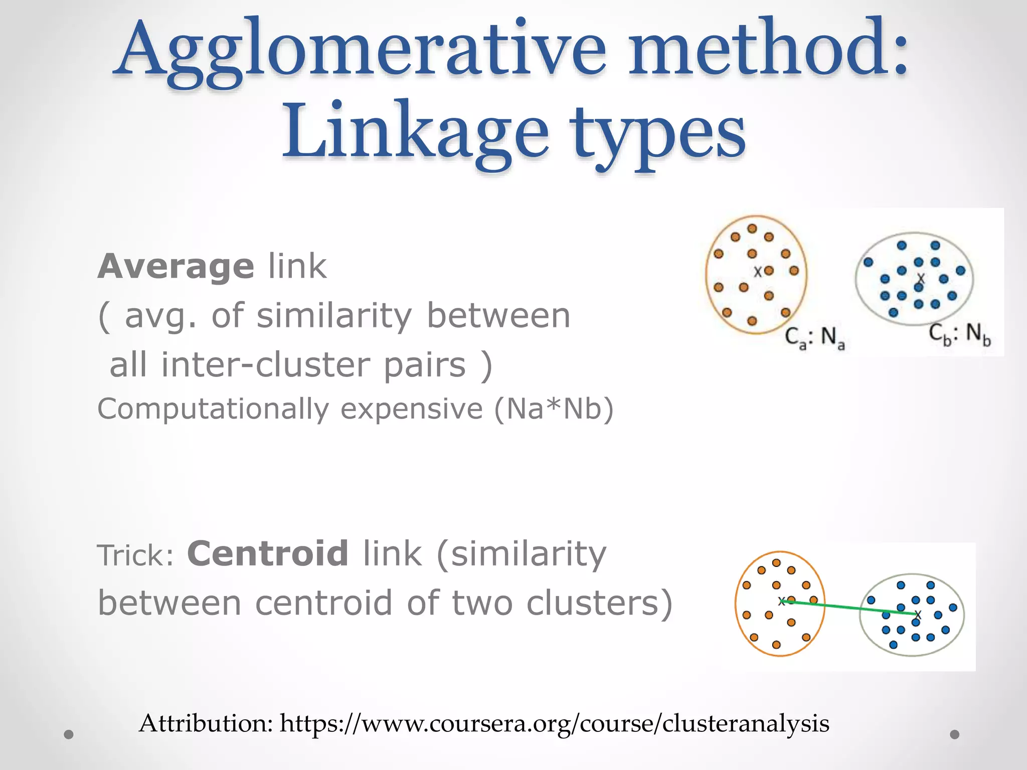Agglomerative method:
Linkage types
Average link
( avg. of similarity between
all inter-cluster pairs )
Computationally expensive (Na*Nb)
Trick: Centroid link (similarity
between centroid of two clusters)
Attribution: https://www.coursera.org/course/clusteranalysis
 