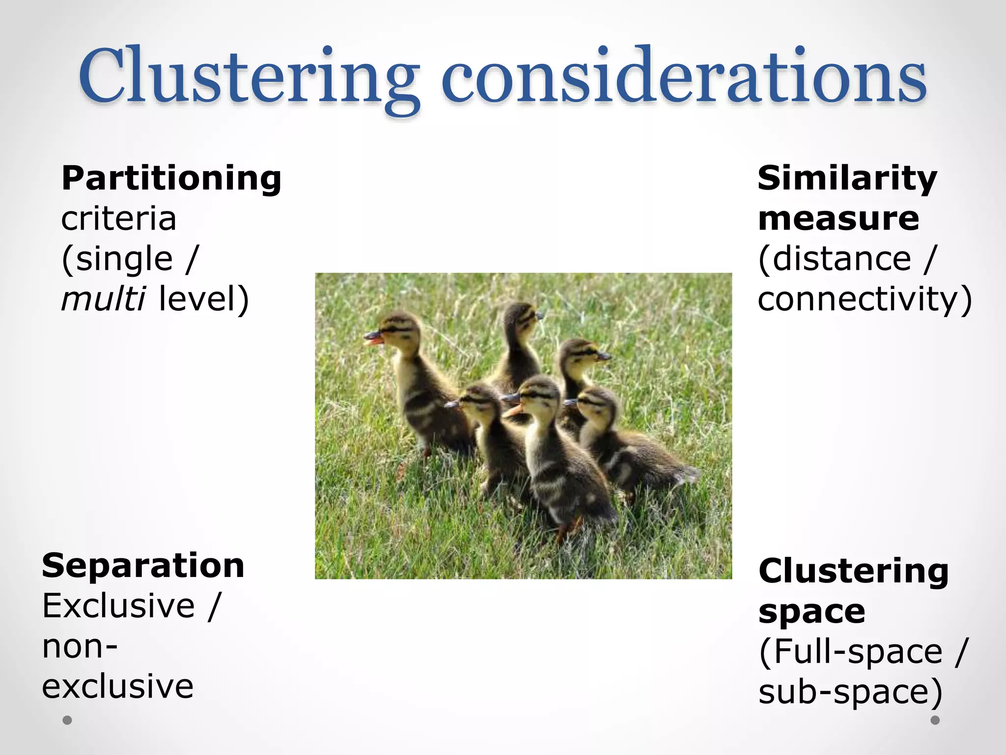 Clustering considerations
Partitioning
criteria
(single /
multi level)
Separation
Exclusive /
non-
exclusive
Clustering
space
(Full-space /
sub-space)
Similarity
measure
(distance /
connectivity)
 