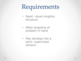 Requirements
• Need: visual insights;
structure
• Allow targeting of
problem in hand
• May develop into a
semi- supervised
solution
 