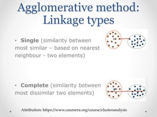 Agglomerative method:
Linkage types
• Single (similarity between
most similar – based on nearest
neighbour - two elements)
• Complete (similarity between
most dissimilar two elements)
Attribution: https://www.coursera.org/course/clusteranalysis
 