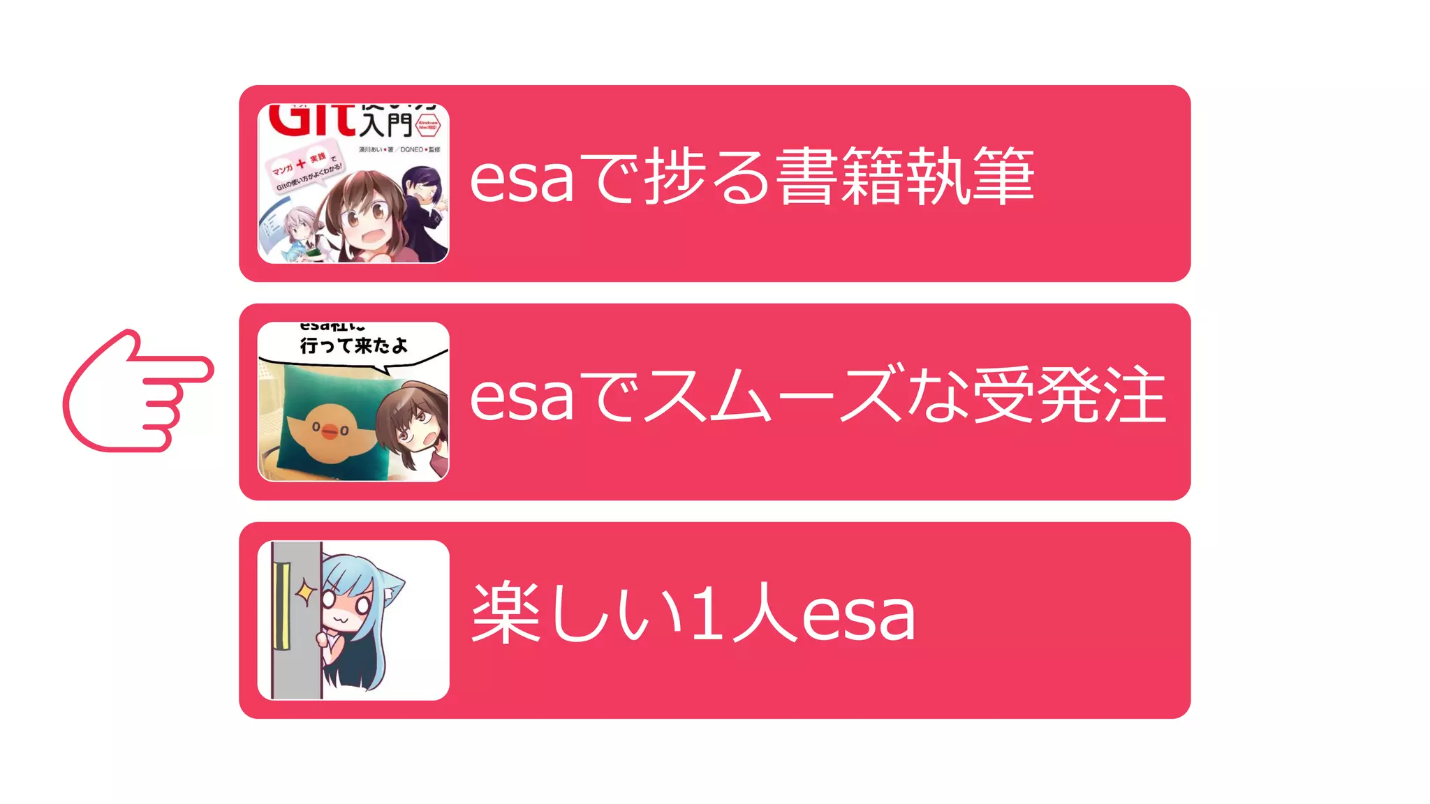 👉
esaで捗る書籍執筆
esaでスムーズな受発注
楽しい1人esa
 