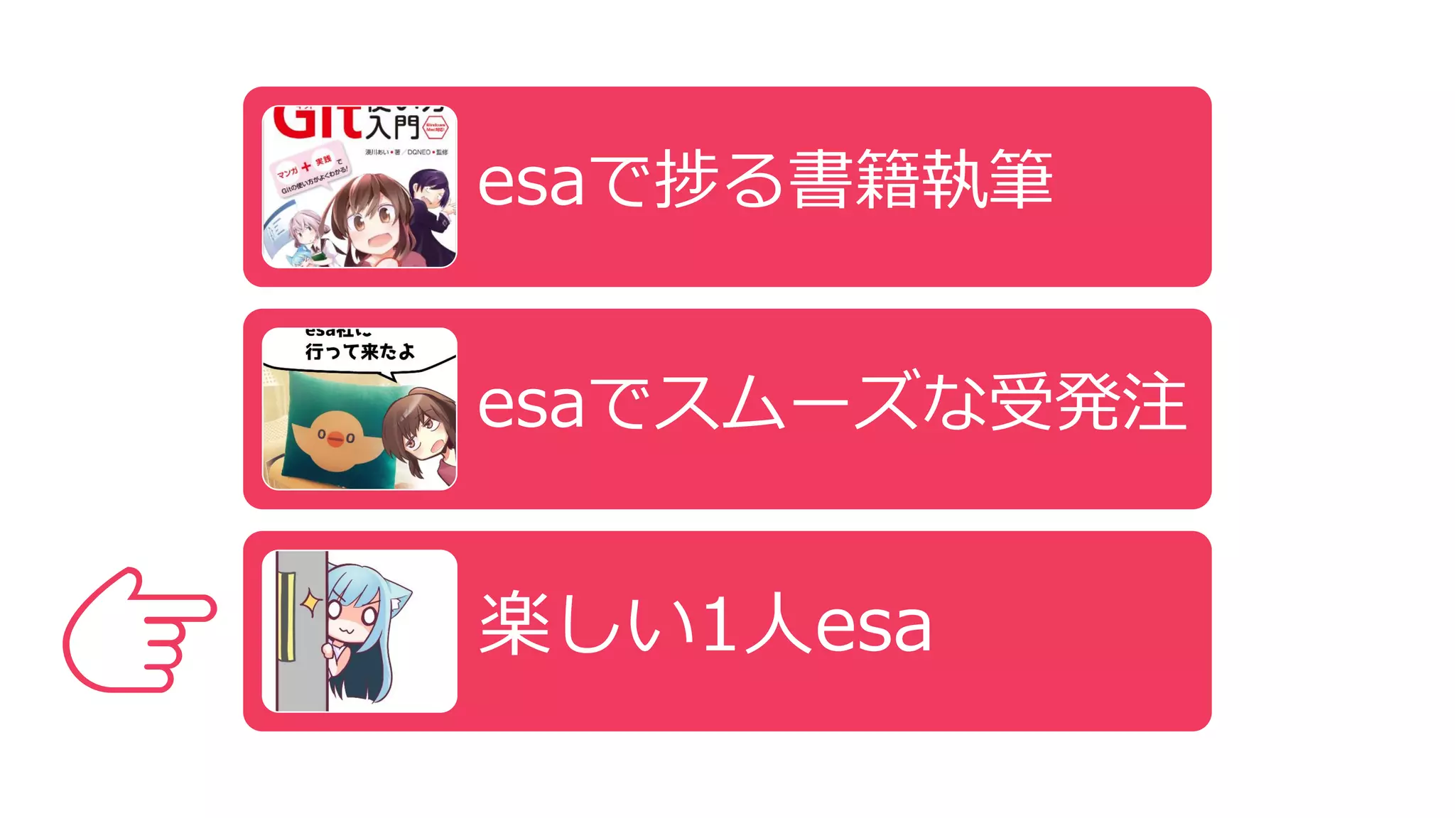 👉
esaで捗る書籍執筆
esaでスムーズな受発注
楽しい1人esa
 