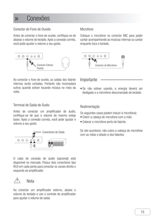 Conexões
●
15
Conexões»»
Conector do Fone de Ouvido
Antes de conectar o fone de ouvido, certifique-se de
abaixar o volume do teclado.Após a conexão correta,
você pode ajustar o volume a seu gosto.
Ch-15
M
I
s
e
e
U
k
m
M
o
s
m
T
a
c
a
k
Connection
Note
When connecting an amplifier of other musical
instrument, please adjust the volume lower
and use the controller of the amplifier for the
output of the volume.
Microphone Faucet
Insert microphone into MIC jack and you can
sing songs with the built-in music of the music
gallery and play while you sing.
Audio Output Terminal
Before connecting with the audio amplifier,
make sure to lower the volume of the electric
piano. After connecting suc-cessfully, you can
adjust the volume to your taste.
Important！
● If not used, the power should be turned off
and pull it off the electronic organ.
Audio connecting wire is available at the
market, whose two ends have need-le shape
plugs (i.e. VCD audio connecting wire) that
connect the right & left sound channels with
the amplifier of themusical instrument.
The following cases may lead to squeaking
sound ( Psophometric noise).
● Cover the head of the microphone by hand.
● Put the microphone near the loud speaker.
When it utters squeaking sounds, please try
to withdraw your hand to its bottom and take
it far away from any loud speakers.
Squeaking Sound
(Psophometric Noise)
Earphone/ Output
Terminal
Before connecting with the earphone, make
sure to lower the volume of the electric piano.
After connecting successfully, you can adjust
the volume to your taste.
When connecting the earphone, it will cut
off the built-in loudspeaker output of the
electronic organ. Therefore, it won’t interrupt
others when you play the music in midnight.
C
N
e
Conector de Microfone
Conector Estéreo
Padrão
Conectores de Saída
Ao conectar o fone de ouvido, as saídas dos falante
internos serão cortadas. Portanto não incomodará
outros quando estiver tocando música no meio da
noite.
Terminal de Saída de Áudio
Antes de conectar um amplificador de áudio,
certifique-se de que o volume do mesmo esteja
baixo. Após a conexão correta, você pode ajustar o
volume a seu gosto.
Ch-15
U
M
I
s
e
e
U
k
m
M
o
s
m
T
a
c
a
k
Connection
Note
When connecting an amplifier of other musical
instrument, please adjust the volume lower
and use the controller of the amplifier for the
output of the volume.
Microphone Faucet
Insert microphone into MIC jack and you can
sing songs with the built-in music of the music
gallery and play while you sing.
Audio Output Terminal
Before connecting with the audio amplifier,
make sure to lower the volume of the electric
piano. After connecting suc-cessfully, you can
adjust the volume to your taste.
Important！
● If not used, the power should be turned off
and pull it off the electronic organ.
Audio connecting wire is available at the
market, whose two ends have need-le shape
plugs (i.e. VCD audio connecting wire) that
connect the right & left sound channels with
the amplifier of themusical instrument.
The following cases may lead to squeaking
sound ( Psophometric noise).
● Cover the head of the microphone by hand.
● Put the microphone near the loud speaker.
When it utters squeaking sounds, please try
to withdraw your hand to its bottom and take
it far away from any loud speakers.
Squeaking Sound
(Psophometric Noise)
Earphone/ Output
Terminal
Before connecting with the earphone, make
sure to lower the volume of the electric piano.
After connecting successfully, you can adjust
the volume to your taste.
When connecting the earphone, it will cut
off the built-in loudspeaker output of the
electronic organ. Therefore, it won’t interrupt
others when you play the music in midnight.
S
C
N
e
Conector de Microfone
Conector Estéreo
Padrão
Conectores de Saída
O cabo de conexão de áudio (opcional) está
disponível no mercado. Possui dois conectores tipo
RCA em cada ponta para conectar os canais direito e
esquerdo ao amplificador.
	 Nota
Ao conectar um amplificador externo, abaixe o
volume do teclado e use o controle do amplificador
para ajustar o volume de saída.
Microfone
Coloque o microfone no conector MIC para poder
cantar acompanhando as músicas internas ou cantar
enquanto toca o teclado.
Ch-15
U
M
In
sy
el
eq
U
ke
m
M
op
st
m
Th
ac
ca
ac
ke
Connection
Note
When connecting an amplifier of other musical
instrument, please adjust the volume lower
and use the controller of the amplifier for the
output of the volume.
Microphone Faucet
Insert microphone into MIC jack and you can
sing songs with the built-in music of the music
gallery and play while you sing.
Audio Output Terminal
Before connecting with the audio amplifier,
make sure to lower the volume of the electric
piano. After connecting suc-cessfully, you can
adjust the volume to your taste.
Important！
● If not used, the power should be turned off
and pull it off the electronic organ.
Audio connecting wire is available at the
market, whose two ends have need-le shape
plugs (i.e. VCD audio connecting wire) that
connect the right & left sound channels with
the amplifier of themusical instrument.
The following cases may lead to squeaking
sound ( Psophometric noise).
● Cover the head of the microphone by hand.
● Put the microphone near the loud speaker.
When it utters squeaking sounds, please try
to withdraw your hand to its bottom and take
it far away from any loud speakers.
Squeaking Sound
(Psophometric Noise)
Earphone/ Output
Terminal
Before connecting with the earphone, make
sure to lower the volume of the electric piano.
After connecting successfully, you can adjust
the volume to your taste.
When connecting the earphone, it will cut
off the built-in loudspeaker output of the
electronic organ. Therefore, it won’t interrupt
others when you play the music in midnight.
S
C
N
ex
Conector de Microfone
Conector Estéreo
Padrão C
Conectores de Saída
Importante
S•	 e não estiver usando, a energia deverá ser
desligada e o microfone desconectado do teclado.
Realimentação
Os seguintes casos podem induzir à microfonia:
C•	 obrir a cabeça do microfone com a mão.
C•	 olocar o microfone perto do falante.
Se isto acontecer, não cubra a cabeça do microfone
com as mãos e afaste-o dos falantes.
 