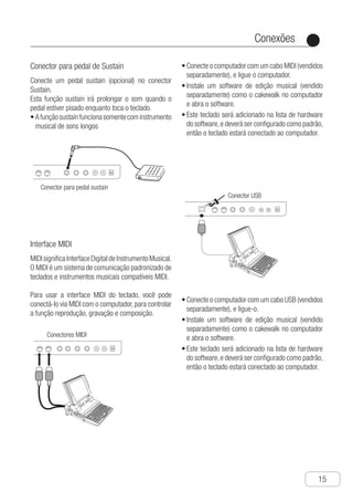 Conexões
●
15
Conector para pedal de Sustain
Conecte um pedal sustain (opcional) no conector
Sustain.
Esta função sustain irá prolongar o som quando o
pedal estiver pisado enquanto toca o teclado.
a•	 funçãosustainfuncionasomentecominstrumento
musical de sons longos
w
Ch-16
MIDI Out Interface
MIDI is acronym of Musical Instrument Digital
Interface.MIDI is the standard communication
system of electric piano and musical
instruments that label MIDI.
To use the MIDI OUT interface of the electric
piano, you can connect the musical instrum-
ent with MIDI and the computer to operate the
function of playing, memorizing and compo-
sing.
● Connect the computer with the MIDI
cable(Purchase separately), and start the
power
● Install a musical editing software
(Purchase separately), such as cakewalk,
for the computer, and start the software.
This electronic keyboard will be added into
the hardware list of the musical software,
and shall be set as default, therefore you
can connect the electronic keyboard and
the computer.
Conectores MIDI
Connection
Sustain Terminal
Conector para pedal sustain
Connect a sustain pedal (Purchase separately)
to sustain terminal.
This sustain function will prolong the sound
while stepping on the pedal when you play
the keyboard.
● Sustain function takes effect only on
musical instrument with longer tone.
● Connect the computer with the USB cable
(Purchase separately) , and start the power
● Install a musical editing software
(Purchase separately) , such as cakewalk,
for the computer, and start the software.
This electronic keyboard will be added into
the hardware list of the musical software,
and shall be set as default, therefore you
can connect t he electronic keyboard and
the computer.
Conector USBInterface MIDI
MIDIsignificaInterfaceDigitaldeInstrumentoMusical.
O MIDI é um sistema de comunicação padronizado de
teclados e instrumentos musicais compatíveis MIDI.
Para usar a interface MIDI do teclado, você pode
conectá-lo via MIDI com o computador, para controlar
a função reprodução, gravação e composição.
w
t
Ch-16
MIDI Out Interface
MIDI is acronym of Musical Instrument Digital
Interface.MIDI is the standard communication
system of electric piano and musical
instruments that label MIDI.
To use the MIDI OUT interface of the electric
piano, you can connect the musical instrum-
ent with MIDI and the computer to operate the
function of playing, memorizing and compo-
sing.
● Connect the computer with the MIDI
cable(Purchase separately), and start the
power
● Install a musical editing software
(Purchase separately), such as cakewalk,
for the computer, and start the software.
This electronic keyboard will be added into
the hardware list of the musical software,
and shall be set as default, therefore you
can connect the electronic keyboard and
the computer.
Conectores MIDI
Connection
Sustain Terminal
Conector para pedal sustain
Connect a sustain pedal (Purchase separately)
to sustain terminal.
This sustain function will prolong the sound
while stepping on the pedal when you play
the keyboard.
● Sustain function takes effect only on
musical instrument with longer tone.
● Connect the computer with the USB cable
(Purchase separately) , and start the power
● Install a musical editing software
(Purchase separately) , such as cakewalk,
for the computer, and start the software.
This electronic keyboard will be added into
the hardware list of the musical software,
and shall be set as default, therefore you
can connect t he electronic keyboard and
the computer.
Conector USB
C•	 onecte o computador com um cabo MIDI (vendidos
separadamente), e ligue o computador.
I•	nstale um software de edição musical (vendido
separadamente) como o cakewalk no computador
e abra o software.
E•	 ste teclado será adicionado na lista de hardware
do software,e deverá ser configurado como padrão,
então o teclado estará conectado ao computador.
Ch-16
MIDI Out Interface
MIDI is acronym of Musical Instrument Digital
Interface.MIDI is the standard communication
system of electric piano and musical
instruments that label MIDI.
To use the MIDI OUT interface of the electric
piano, you can connect the musical instrum-
ent with MIDI and the computer to operate the
function of playing, memorizing and compo-
sing.
● Connect the computer with the MIDI
cable(Purchase separately), and start the
power
● Install a musical editing software
(Purchase separately), such as cakewalk,
for the computer, and start the software.
This electronic keyboard will be added into
the hardware list of the musical software,
and shall be set as default, therefore you
can connect the electronic keyboard and
the computer.
Conectores MIDI
Connection
Sustain Terminal
Conector para pedal sustain
Connect a sustain pedal (Purchase separately)
to sustain terminal.
This sustain function will prolong the sound
while stepping on the pedal when you play
the keyboard.
● Sustain function takes effect only on
musical instrument with longer tone.
● Connect the computer with the USB cable
(Purchase separately) , and start the power
● Install a musical editing software
(Purchase separately) , such as cakewalk,
for the computer, and start the software.
This electronic keyboard will be added into
the hardware list of the musical software,
and shall be set as default, therefore you
can connect t he electronic keyboard and
the computer.
Conector USB
c•	 onecte o computador com um cabo USB (vendidos
separadamente), e ligue-o.
I•	nstale um software de edição musical (vendido
separadamente) como o cakewalk no computador
e abra o software.
E•	 ste teclado será adicionado na lista de hardware
do software,e deverá ser configurado como padrão,
então o teclado estará conectado ao computador.
 