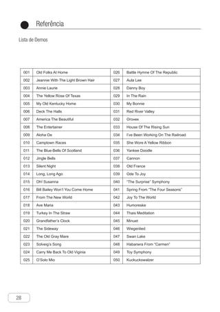 Referência
28
●
Lista de Demos
	
Ch-29
001
002
003
004
005
006
007
008
009
010
011
012
013
014
015
016
017
018
019
020
021
022
023
024
025
026
027
028
029
030
031
032
033
034
035
036
037
038
039
040
041
042
043
044
045
046
047
048
049
050
Old Folks At Home
Jeannie With The Light Brown Hair
Annie Laurie
The Yellow Rose Of Texas
My Old Kentucky Home
Deck The Halls
America The Beautiful
The Entertainer
Aloha Oe
Camptown Races
The Blue-Bells Of Scotland
Jingle Bells
Silent Night
Long, Long Ago
Oh! Susanna
Bill Bailey Won’t You Come Home
From The New World
Ave Maria
Turkey In The Straw
Grandfather’s Clock
The Sideway
The Old Gray Mare
Solveig’s Song
Carry Me Back To Old Viginia
O’Solo Mio
Battle Hymne Of The Republic
Aula Lee
Danny Boy
In The Rain
My Bonnie
Red River Valley
Огонек
House Of The Rising Sun
I’ve Been Working On The Railroad
She Wore A Yellow Ribbon
Yankee Doodle
Cannon
Old France
Ode To Joy
“The Surprise” Symphony
Spring From “The Four Seasons”
Joy To The World
Humoreske
Thais Meditation
Minuet
Wiegenlied
Swan Lake
Habanera From “Carmen”
Toy Symphony
Kuckuckswalzer
Reference
Demo List
R
B
t
t
d
c
r
c
C
B
t
t
O
o
a
B
I
c
s
r
a
in
●
（
●
a
I
T
o
p
c
L
A
o
f
●
●
s
●
e
i
o
t
 
