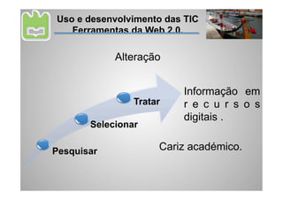 Uso e desenvolvimento das TIC
   Ferramentas da Web 2.0.

            Alteração


                          Informação em
                Tratar    r e c u r s o s
                          digitais .
       Selecionar

Pesquisar            Cariz académico.
 