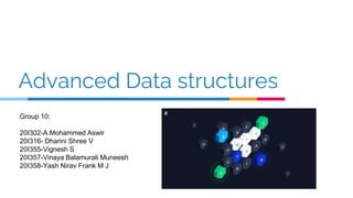Advanced Data structures
Group 10:
20I302-A.Mohammed Aswir
20I316- Dharini Shree V
20I355-Vignesh S
20I357-Vinaya Balamurali Muneesh
20I358-Yash Nirav Frank M J
 