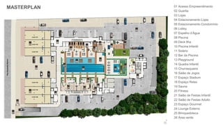 01 Acesso Empreendimento
02 Guarita
03 Lojas
04 Estacionamento Lojas
05 Estacionamento Condomínio
06 Lobby
07 Espelho d’Água
08 Piscina
09 Deck Ilha
10 Piscina Infantil
11 Solário
12 Bar da Piscina
13 Playground
14 Quadra Infantil
15 Churrasqueira
16 Salão de Jogos
17 Espaço Stadium
18 Espaço Relax
19 Sauna
20 Fitness
21 Salão de Festas Infantil
22 Salão de Festas Adulto
23 Espaço Gourmet
24 Lounge Externo
25 Brinquedoteca
26 Área verde
MASTERPLAN
 