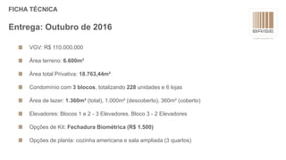 FICHA TÉCNICA
Entrega: Outubro de 2016
VGV: R$ 110.000.000
Área terreno: 6.600m²
Área total Privativa: 18.763,44m²
Condomínio com 3 blocos, totalizando 228 unidades e 6 lojas
Área de lazer: 1.360m² (total), 1.000m² (descoberto), 360m² (coberto)
Elevadores: Blocos 1 e 2 - 3 Elevadores. Bloco 3 - 2 Elevadores
Opções de Kit: Fechadura Biométrica (R$ 1.500)
Opções de planta: cozinha americana e sala ampliada (3 quartos)
 