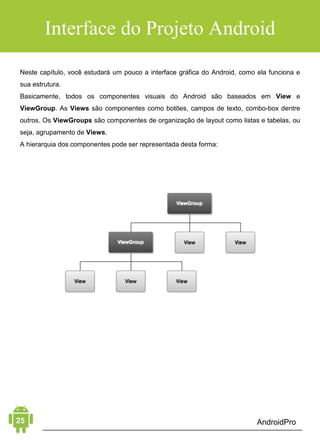 Android Aprendiz
Contei minha história anteriormente, apenas para ilustrar que,
mesmo eu já tendo "habilidades" como desenvolvedor e mesmo já
tendo bastante experiência com a linguagem Java, caí em vários
dos erros que ilustrei. Já estudei teorias e usei códigos sem
realmente entender, já fui direto para o avançado, e isso quase me
fez desistir do meu objetivo. Faltava a sequência no aprendizado e
a prática que o desenvolvimento requer.
Como eu disse, na minha "peregrinação" rumo a me tornar um
desenvolvedor Android profissional, criei um método de
aprendizado, compilando todos os cursos, livros e anos de
experiência em desenvolvimento de software, em uma sequência
bem mais eficiente que se tornou o Método dos 4 Elementos do
Desenvolvimento Android. Os Elementos a que me refiro são:
1. Conceitos Básicos
2. Interface Gráfica
3. Manipulação de Dados
4. Ferramentas
Então, esqueça tudo o que você aprendeu sobre desenvolvimento
Android e preste muita atenção neste capítulo.
CAPÍTULO 4: O MÉTODO DOS 4 ELEMENTOS
 