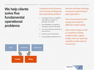 11 
| 
We help clients solve five fundamental operational problems 
Companies across all sectors are constantly challenged by these operational problems: 
1.Long lead times to complete a task, deliver a product or generate new ideas. 
2.Poor flexibility to respond to changing customer demands. 
3.Too many defective products or service errors. 
4.Excessive cost of operation. 
5.Unacceptable operational risk. 
We have met these challenges in processes representing all types of functions. 
This is the result of constant change and companies’ difficulty to adapt rapidly. 
Client needs change, as well as competitors’ threats, workforce skills, supplier quality, one’s own operating capability and the external environment. 
Slow 
Inflexible 
Defective 
Costly 
Risky  