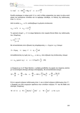 ΨΗΦΙΑΚΑ ΕΚΠΑΙΔΕΥΤΙΚΑ ΒΟΗΘΗΜΑΤΑ ΠΑΝΕΛΛΑΔΙΚΩΝ ΕΞΕΤΑΣΕΩΝ
100
2 2N rad
k m 100 4kg 5
m s
       
Επειδή εκτρέψαμε το σώμα κατά 0,1m από τη θέση ισορροπίας του προς τα κάτω κατά
μήκος του κεκλιμένου επιπέδου και το αφήσαμε ελεύθερο, το πλάτος της ταλάντωσης
είναι A 0,1m .
Από τη σχέση 2
maxa A  υπολογίζουμε τη μέγιστη επιτάχυνση:
2
max max 2
m
a A a 2,5
s
   
Τη χρονική στιγμή 0t 0 το σώμα βρίσκεται στην ακραία θετική θέση της ταλάντωσής
του. Επομένως:
0
x A
t 0
0
 
 
 
Με αντικατάσταση στην εξίσωση της απομάκρυνσης 0x A ( t )    έχουμε:
0 0 0A A 1 rad
2

       
Αντικαθιστώντας τις τιμές των maxa ,  και 0 στην εξίσωση της επιτάχυνσης, έχουμε:
max 0a a ( t )      a 2,5 (5t ) (SI)
2

   
γ) Σύμφωνα με το 2ο
Νόμο Newton, ο ρυθμός μεταβολής της ορμής του σώματος ισούται
με τη συνισταμένη δύναμη (δύναμη επαναφοράς). Με αντικατάσταση έχουμε:
2
dp dp dp 0,1 m
F Dx 100 ( )kg
dt dt dt 2 s
           2
dp kg m
5
dt s


δ) Αν η αρχική ενέργεια ταλάντωσης είναι E και η τελική ενέργεια ταλάντωσης είναι E',
η διαφορά των δύο ενεργειών οφείλεται στην επιπλέον ενέργεια W που θα δοθεί στο
σύστημα. Επομένως:
2 21 1
W E' E W D(2A) DA
2 2
      23
W kA
2
  W 1,5 J
 