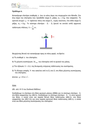 ΨΗΦΙΑΚΑ ΕΚΠΑΙΔΕΥΤΙΚΑ ΒΟΗΘΗΜΑΤΑ ΠΑΝΕΛΛΑΔΙΚΩΝ ΕΞΕΤΑΣΕΩΝ
101
Πρόβλημα 6.
Κατακόρυφο ελατήριο σταθεράς k έχει το κάτω άκρο του στερεωμένο στο δάπεδο. Στο
άνω άκρο του ελατηρίου έχει προσδεθεί σώμα Σ1 μάζας 1m 2 kg που ισορροπεί. Τη
χρονική στιγμή 0t 0 αφήνεται πάνω στο σώμα Σ1, χωρίς ταχύτητα, ένα άλλο σώμα Σ2
μάζας 2m 1kg . Το σύστημα ελατήριο – Σ1 – Σ2 ξεκινά να εκτελεί απλή αρμονική
ταλάντωση πλάτους
1
A m
30
 .
Θεωρώντας θετική την κατακόρυφη προς τα πάνω φορά, να βρείτε:
α) Τη σταθερά k του ελατηρίου.
β) Τη μέγιστη συσπείρωση maxL του ελατηρίου από το φυσικό του μήκος.
γ) Την εξίσωση U f(t) της δυναμικής ενέργειας ταλάντωσης του συστήματος.
δ) Τη δύναμη επαφής N που ασκείται από το Σ2 στο Σ1 στη θέση μέγιστης συσπείρωσης
του ελατηρίου.
Δίνεται: 2
g 10 m / s .
Λύση
(βλ. σελ. 8-13 του Σχολικού Βιβλίου)
Σχεδιάζουμε το ελατήριο στη θέση φυσικού μήκους (ΘΦΜ) και το σύστημα ελατήριο – Σ1
στη θέση ισορροπίας του (ΘΙ(1)). Σχεδιάζουμε το σύστημα ελατήριο – Σ1 – Σ2 στην αρχική
του θέση, η οποία είναι και ακραία θετική θέση ταλάντωσης (ΑΘ(+)), στη θέση
ισορροπίας του (ΘΙ(1+2)) και στην ακραία αρνητική θέση ταλάντωσης (ΑΘ(-)), η οποία
είναι και θέση μέγιστης συσπείρωσης του ελατηρίου:
 