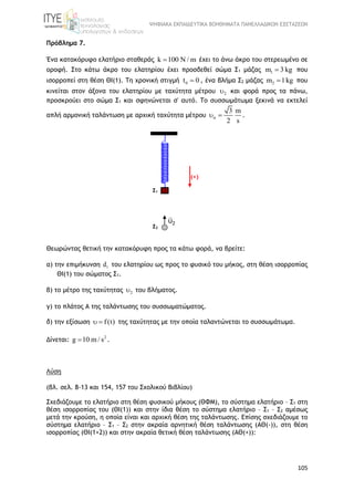 ΨΗΦΙΑΚΑ ΕΚΠΑΙΔΕΥΤΙΚΑ ΒΟΗΘΗΜΑΤΑ ΠΑΝΕΛΛΑΔΙΚΩΝ ΕΞΕΤΑΣΕΩΝ
105
Πρόβλημα 7.
Ένα κατακόρυφο ελατήριο σταθεράς k 100 N / m έχει το άνω άκρο του στερεωμένο σε
οροφή. Στο κάτω άκρο του ελατηρίου έχει προσδεθεί σώμα Σ1 μάζας 1m 3 kg που
ισορροπεί στη θέση ΘΙ(1). Τη χρονική στιγμή 0t 0 , ένα βλήμα Σ2 μάζας 2m 1kg που
κινείται στον άξονα του ελατηρίου με ταχύτητα μέτρου 2 και φορά προς τα πάνω,
προσκρούει στο σώμα Σ1 και σφηνώνεται σ' αυτό. Το συσσωμάτωμα ξεκινά να εκτελεί
απλή αρμονική ταλάντωση με αρχική ταχύτητα μέτρου
3 m
2 s
  .
Θεωρώντας θετική την κατακόρυφη προς τα κάτω φορά, να βρείτε:
α) την επιμήκυνση 1d του ελατηρίου ως προς το φυσικό του μήκος, στη θέση ισορροπίας
ΘΙ(1) του σώματος Σ1.
β) το μέτρο της ταχύτητας 2 του βλήματος.
γ) το πλάτος Α της ταλάντωσης του συσσωματώματος.
δ) την εξίσωση f(t)  της ταχύτητας με την οποία ταλαντώνεται το συσσωμάτωμα.
Δίνεται: 2
g 10 m / s .
Λύση
(βλ. σελ. 8-13 και 154, 157 του Σχολικού Βιβλίου)
Σχεδιάζουμε το ελατήριο στη θέση φυσικού μήκους (ΘΦΜ), το σύστημα ελατήριο – Σ1 στη
θέση ισορροπίας του (ΘΙ(1)) και στην ίδια θέση το σύστημα ελατήριο – Σ1 – Σ2 αμέσως
μετά την κρούση, η οποία είναι και αρχική θέση της ταλάντωσης. Επίσης σχεδιάζουμε το
σύστημα ελατήριο – Σ1 – Σ2 στην ακραία αρνητική θέση ταλάντωσης (ΑΘ(-)), στη θέση
ισορροπίας (ΘΙ(1+2)) και στην ακραία θετική θέση ταλάντωσης (ΑΘ(+)):
Σ1
Σ2
2υ

(+)
 