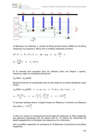 ΨΗΦΙΑΚΑ ΕΚΠΑΙΔΕΥΤΙΚΑ ΒΟΗΘΗΜΑΤΑ ΠΑΝΕΛΛΑΔΙΚΩΝ ΕΞΕΤΑΣΕΩΝ
106
α) Βρίσκουμε την απόσταση 1d μεταξύ της θέσης φυσικού μήκους (ΘΦΜ) και της θέσης
ισορροπίας του σώματος Σ1 (ΘΙ(1)) από τη συνθήκη ισορροπίας στη ΘΙ(1):
1F 0 F w 0      1 1kd m g  1
1
m g
d
k
 
1
3 10
d m
100

  1d 0,3 m
β) Το σύστημα είναι μονωμένο κατά τον ελάχιστο χρόνο που διαρκεί η κρούση,
επομένως η ορμή του συστήματος διατηρείται:
p ( ) p ( )ολ ολπριν μετά
Θεωρώντας θετική την κατακόρυφη προς τα κάτω φορά και με χρήση αλγεβρικών τιμών
έχουμε:
1 2 2 2 1 2p ( ) p ( ) p p p 0 m (m m )ολ ολπριν μετά            
1 2
2 2
2
m m 3 1 3 m
m 1 2 s

  
          
 
2
m
2 3
s
  
Το αρνητικό πρόσημο δείχνει τη φορά κίνησης του βλήματος. Η ταχύτητα του βλήματος
έχει μέτρο 2
m
2 3
s
 
γ) Μετά την κρούση το συσσωμάτωμα ξεκινά αρμονική ταλάντωση με θέση ισορροπίας
που βρίσκεται χαμηλότερα από την αρχική κατά d2. Το πλάτος της ταλάντωσης θα
βρεθεί εφαρμόζοντας τη διατήρηση της ενέργειας για την ταλάντωση.
Από τη συνθήκη ισορροπίας του συστήματος Σ1+Σ2 βρίσκουμε τη μετατόπιση d2 της θέσης
ισορροπίας.
 